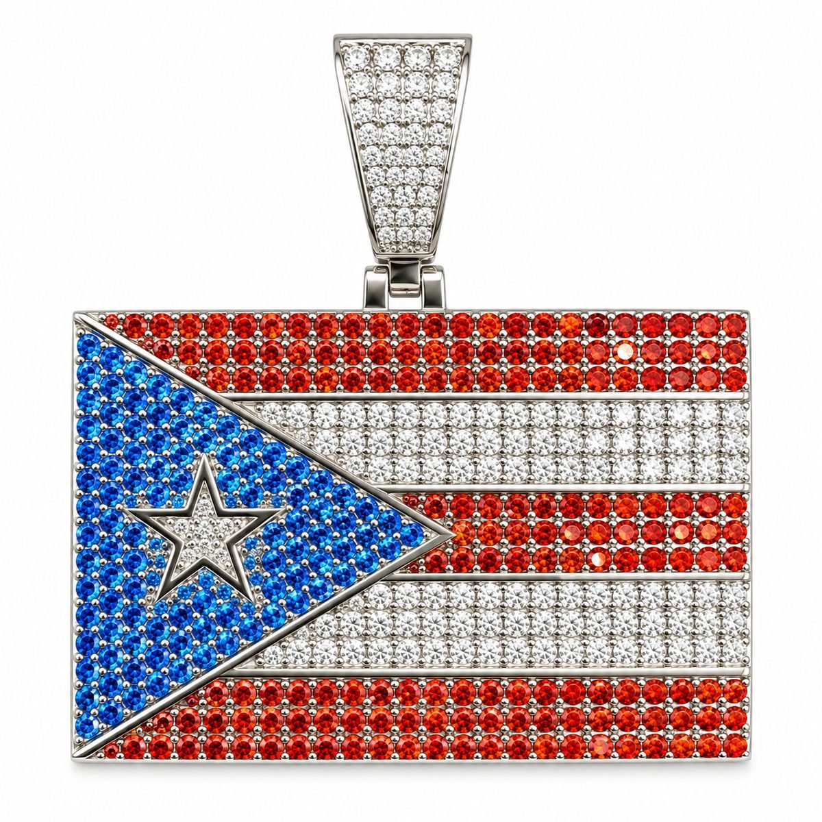 Rhodium Plated 925 Sterling Silver Iced Out Puerto Rico Flag Pendant With Cubic Zirconia